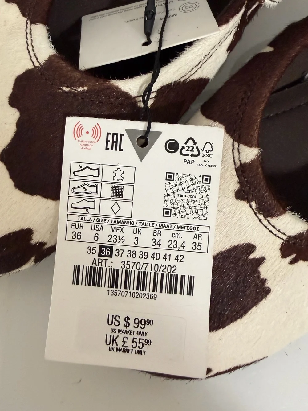Zara Cow Print Genuine Leather Hair-On Mary Jane Flats NWT Size 36 US 6